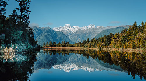 Scenic view of lake and mountains against blue sky