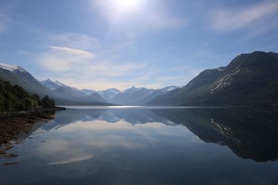 Scenic view of lake and mountains against sky