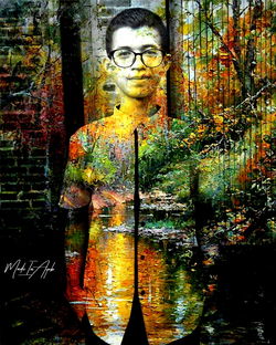 Digital composite image of man and tree trunk