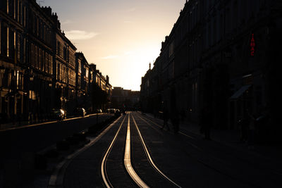 View of railroad tracks amidst buildings against sky