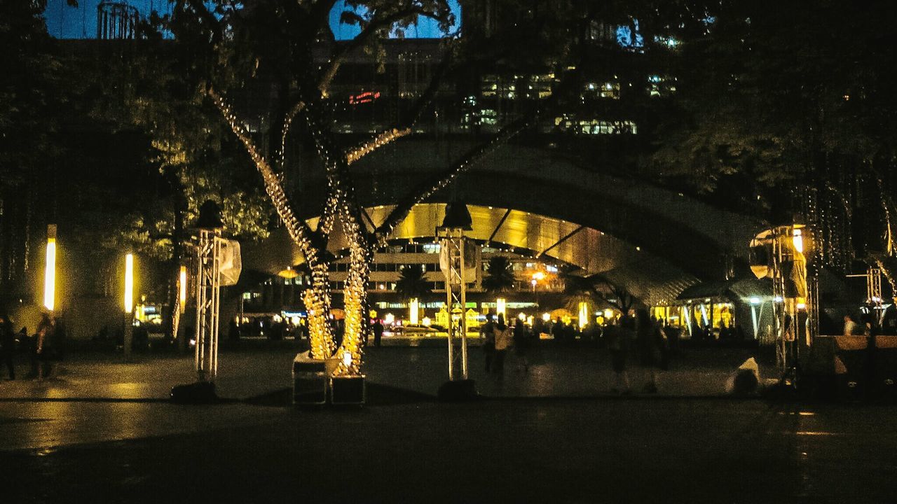 illuminated, night, street light, built structure, building exterior, architecture, lighting equipment, city, street, tree, city life, transportation, light - natural phenomenon, outdoors, sky, incidental people, road, reflection, water, dusk