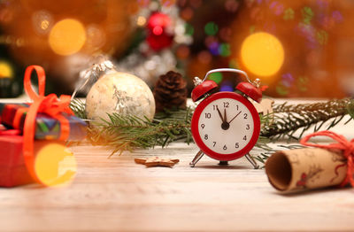 Close-up of christmas decorations on table