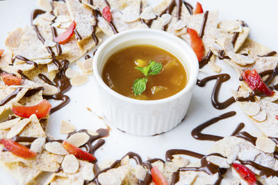 High angle view of food in plate