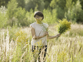 Woman is picking solidago, commonly called goldenrods. florist at work.  bouquet for home interior.