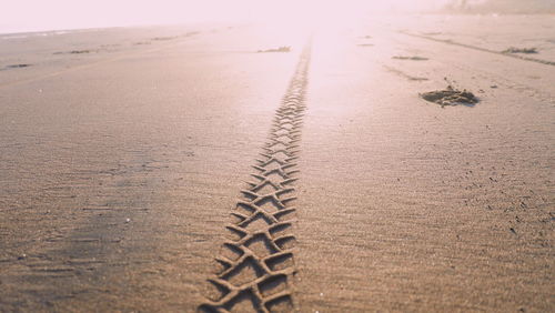 High angle view of tire tracks on sand