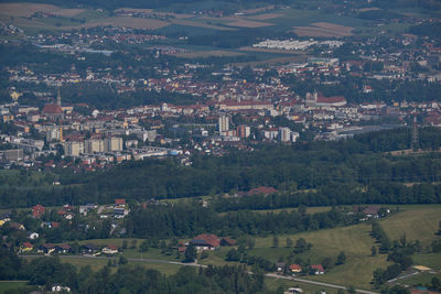 High angle view of buildings in city