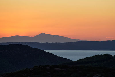 Scenic view of silhouette mountains against sky during sunset