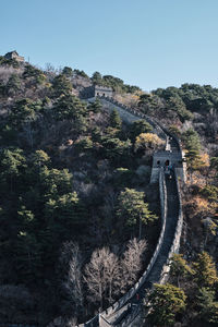 High angle view of road amidst trees against sky