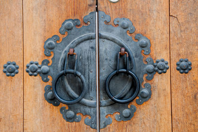 Close-up of handle on closed wooden door