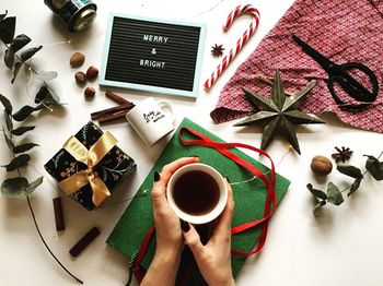 High angle view of coffee cup on table