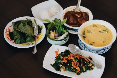 High angle view of meal served on table