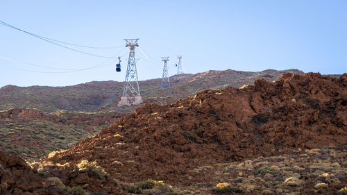 Electricity pylon on mountain against clear sky