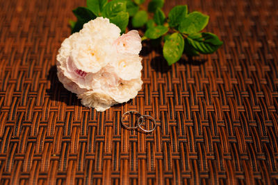 High angle view of white rose on table