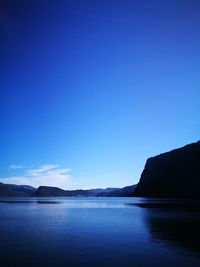 Scenic view of sea and mountains against clear blue sky