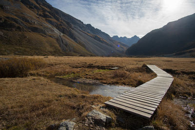 Scenic view of lake and mountains against sky