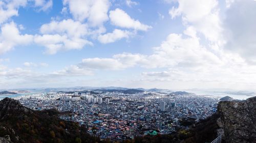 High angle view of cityscape against sky