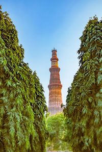 Low angle view of trees and building against sky
