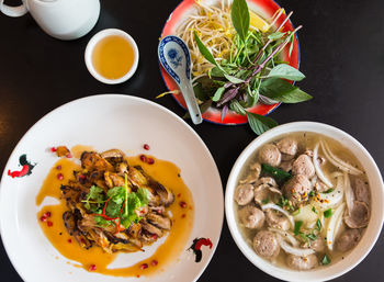 High angle view of soup served on table