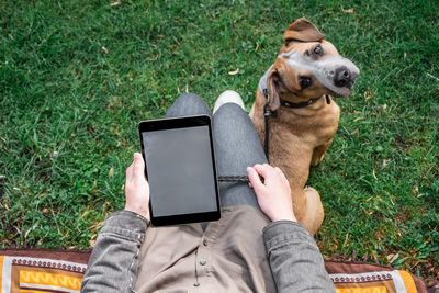 Low section of woman with dog at park