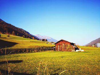 Houses on field against clear blue sky