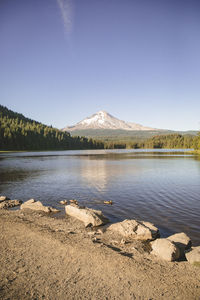 Scenic view of lake against clear blue sky