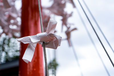 Close-up of fortune paper tied up against cloudy sky