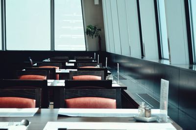 Empty chairs and tables in room