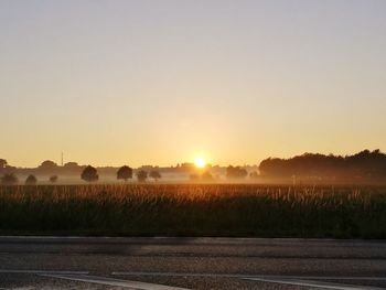 Scenic view of field against clear sky during sunset