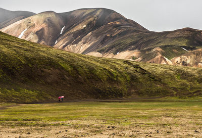 Man on golf course against mountains