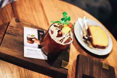 High angle view of dessert on table