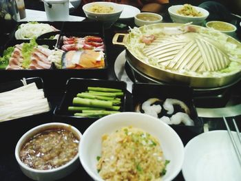 Close-up of food served on table