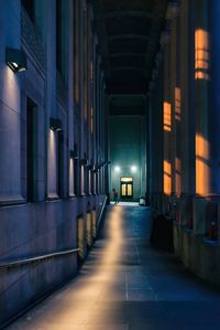 Person walking in alley amidst buildings at night