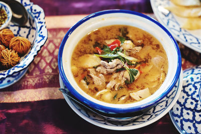 High angle view of soup in bowl on table