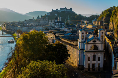 High angle view of townscape and buildings in city