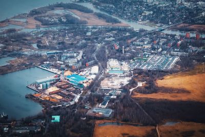 Top view of the port city and factory