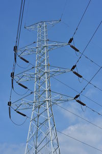 Low angle view of electricity pylon against sky