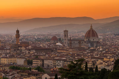 Aerial view of a city at sunset