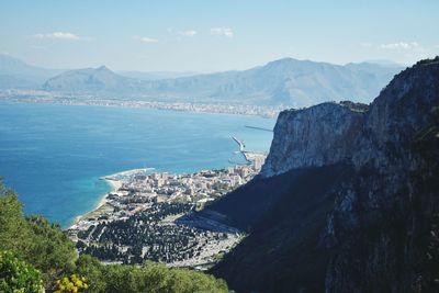 Panoramic view of sea and mountains against sky