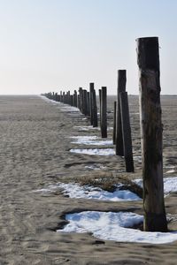 Wooden posts on beach against clear sky