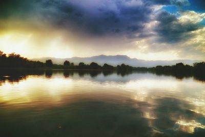 Scenic view of lake against cloudy sky