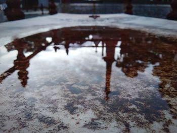 Close-up of frozen glass on table
