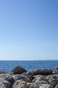 Scenic view of sea against clear blue sky