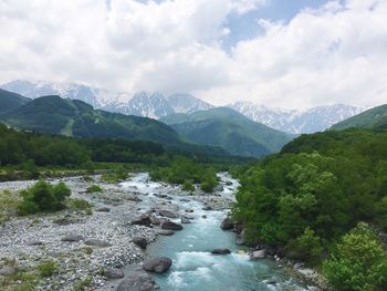 Scenic view of river amidst mountains against sky