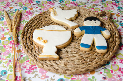 High angle view of cookies on straw placemat