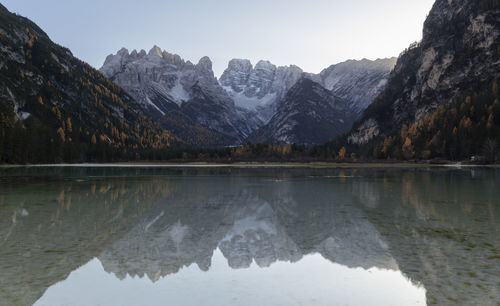 Scenic view of lake by snowcapped mountains against sky