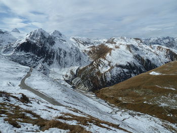 Scenic view of snow covered mountains against sky