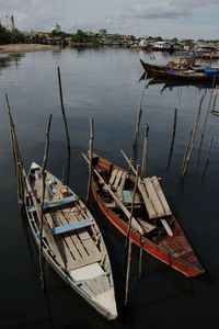High angle view of fishing boats in lake