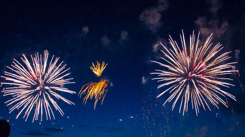 Low angle view of firework display at night