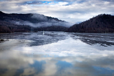 Scenic view of lake against sky during winter