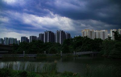 River in city against cloudy sky